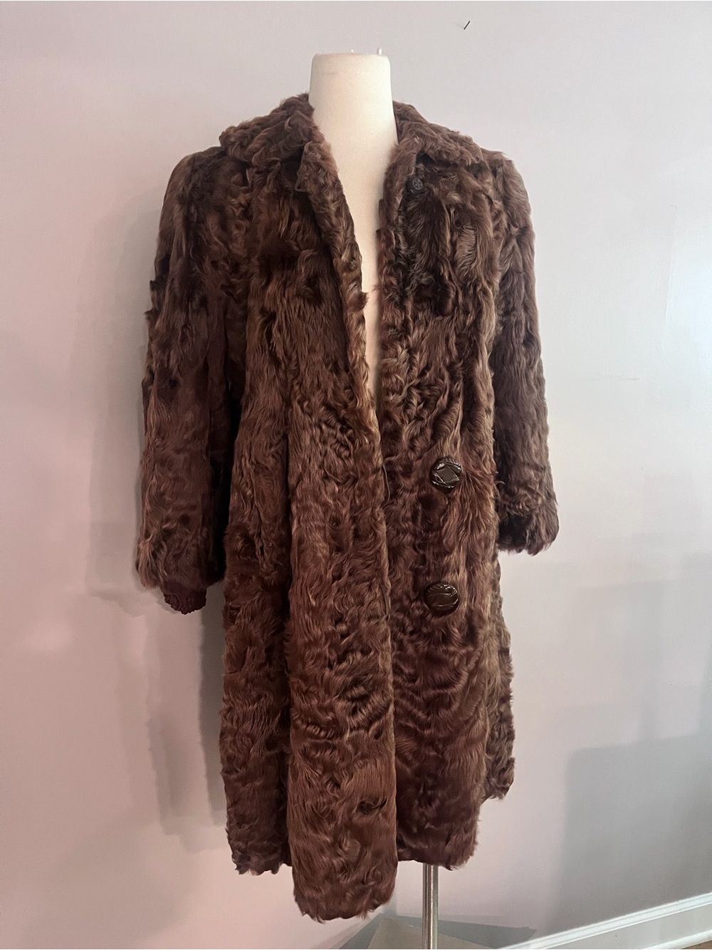 Luxurious Brown Curly Lamb Women's Long Coat Vintage 1950s